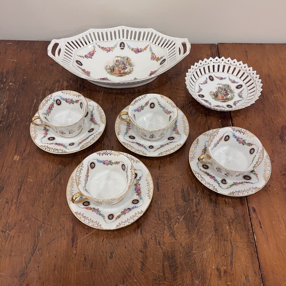 ANTIQUE RETICULATED DRESDEN Schumann Bavaria 10 Pc Set Cup, Saucer, Bowl Platter